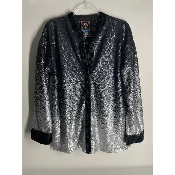 Johnny Was Black Silver Ombre Full Sequin Long Sleeve Button Down Blouse Medium - Picture 1 of 6